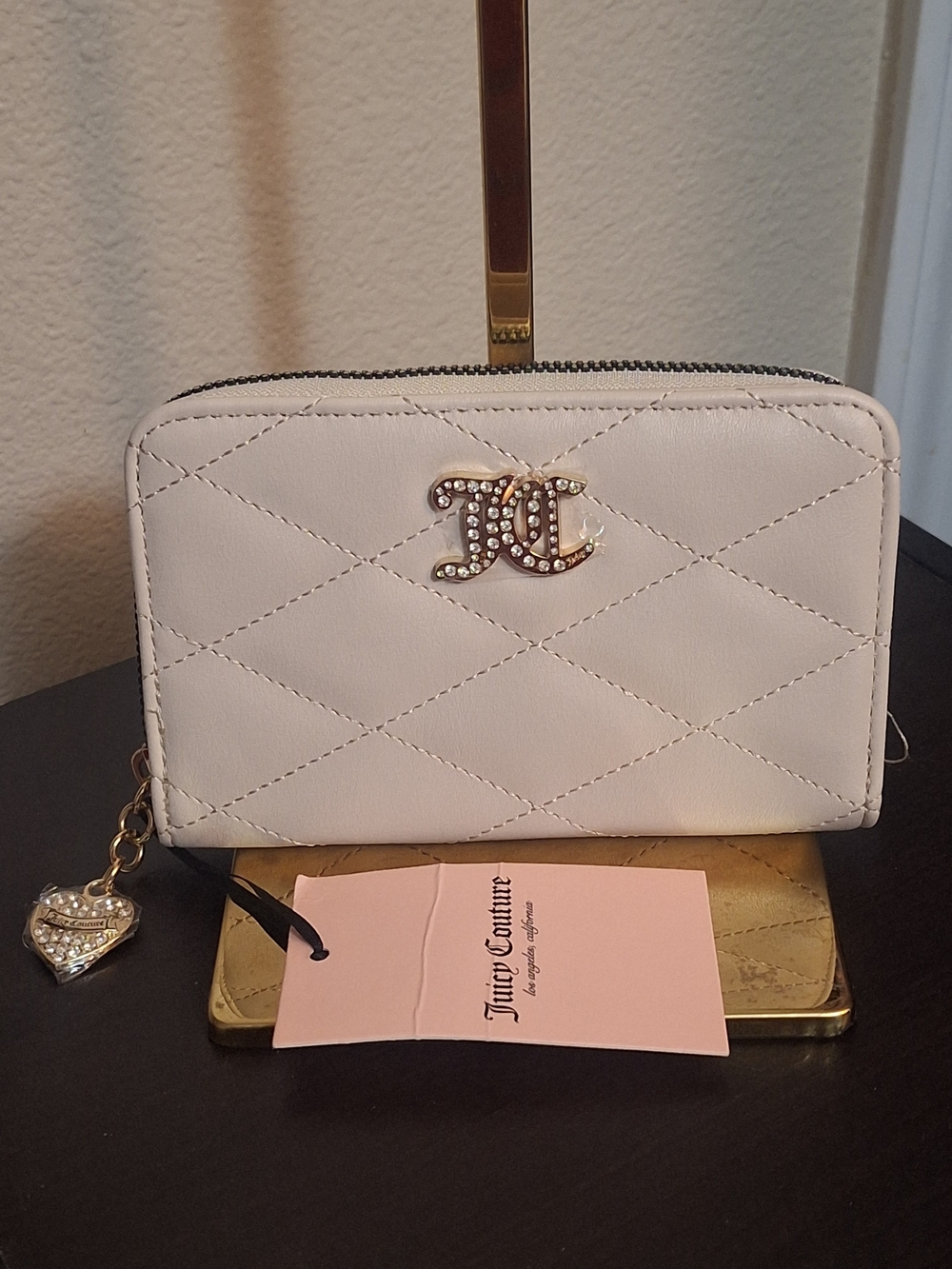 NWT Juicy Couture White Quilted Zip Angel Wallet with Rhinestone Logo